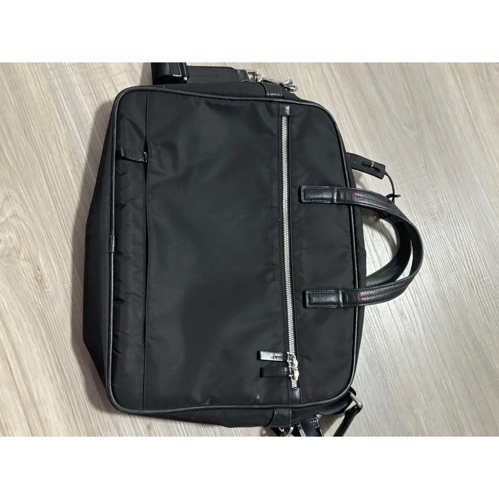 Tumi Black Ballistic Nylon Leather Trim Briefcase Messenger Bag Red Stitching